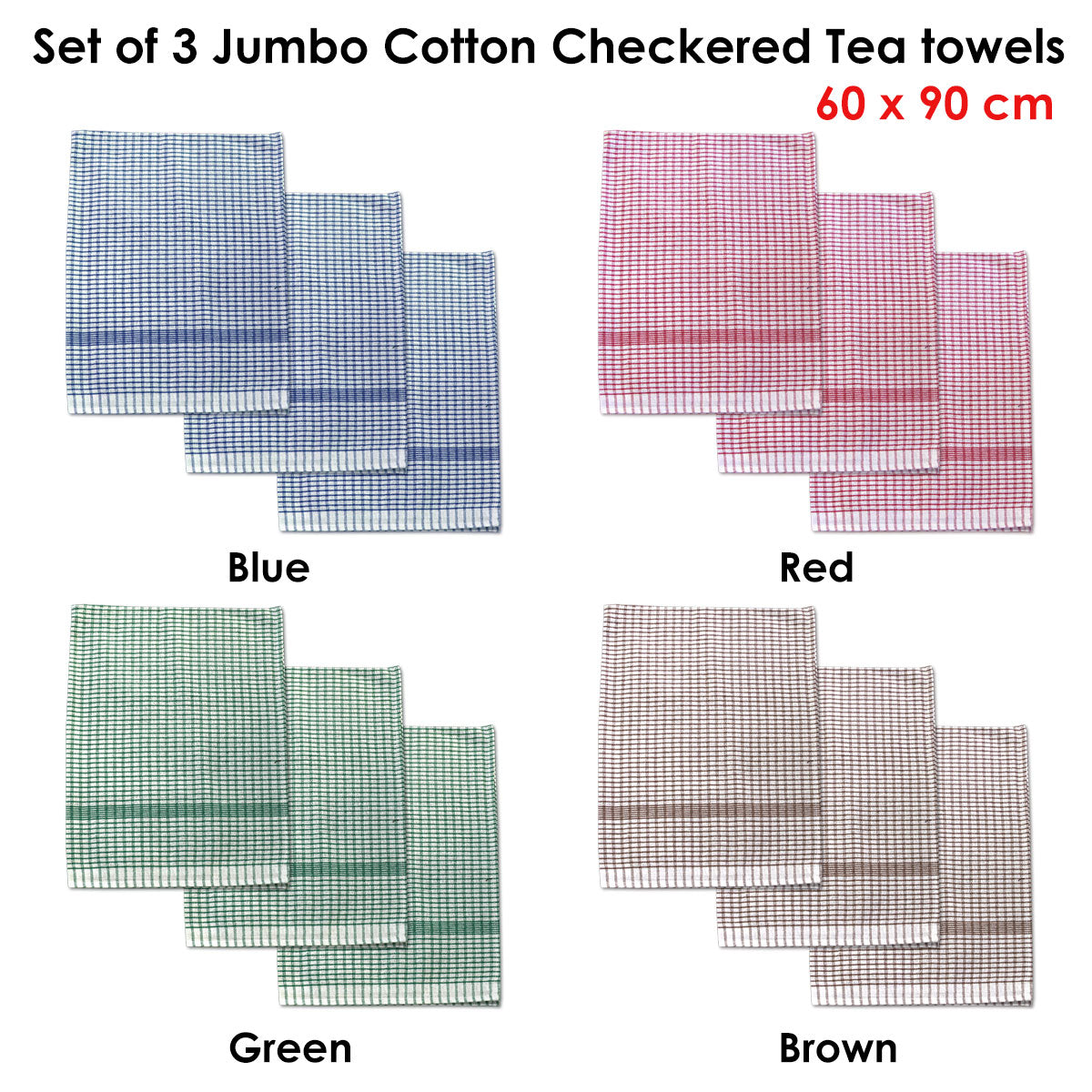 Set of 3 Jumbo Cotton Checkered Tea Towels 60 x 90 cm Red - Image 2