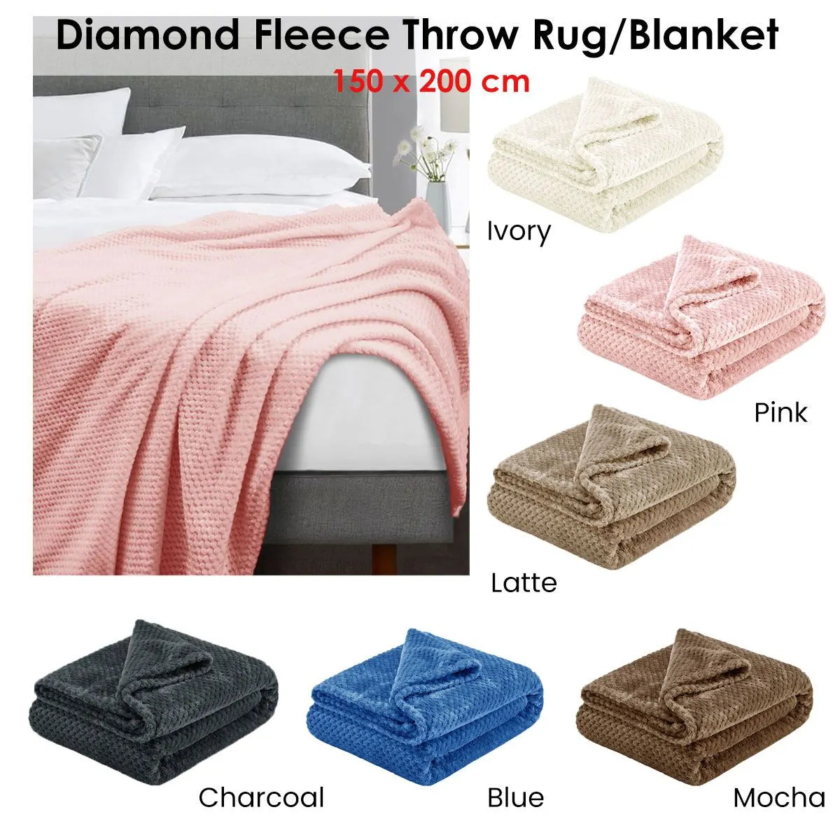 Soft Diamond Fleece Extra Large Throw / Single Sized Blanket Blue - Image 2