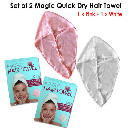 Set of 2 Magic Quick Dry Microfibre Hair Dryer Towels Pink + White - Image 2