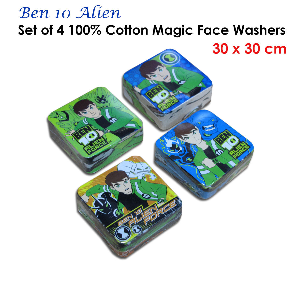 Set of 4 Ben 10 Alien Magic 100% Cotton Face Washers - Image 2