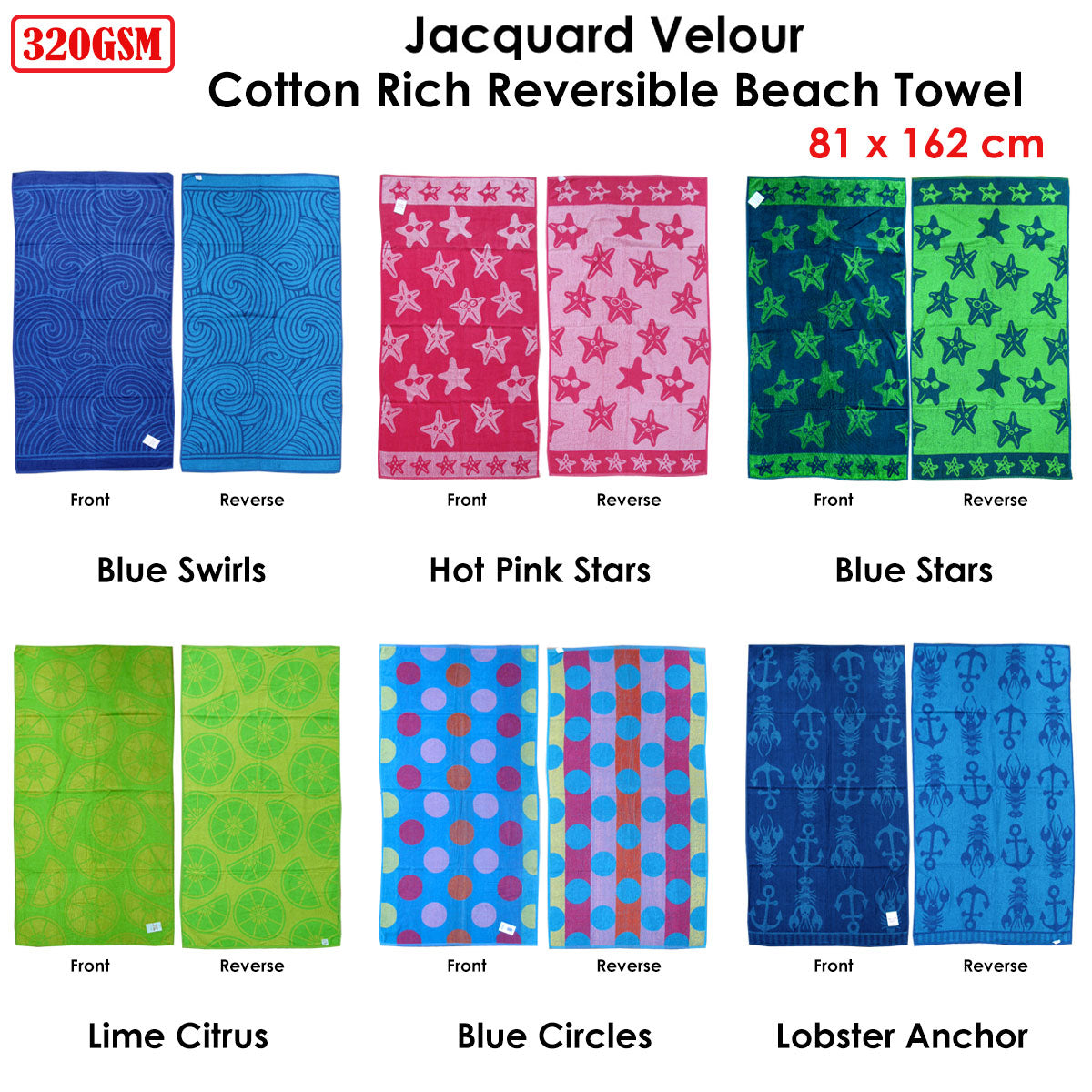 Jacquard Velour Reversible Beach Towel Blue Stars - Image 3