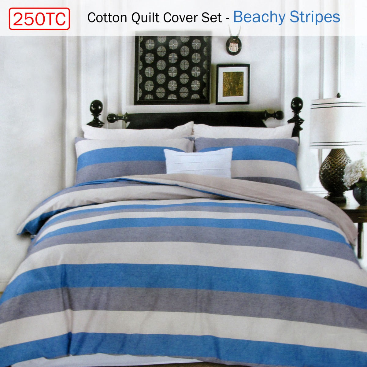 250TC Cotton Reversible Quilt Cover Set Beachy Stripes Queen - Image 2