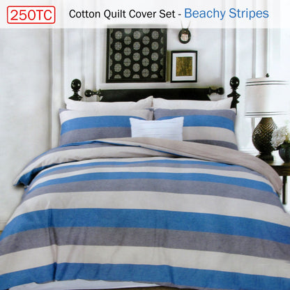 250TC Cotton Reversible Quilt Cover Set Beachy Stripes Queen - Image 2