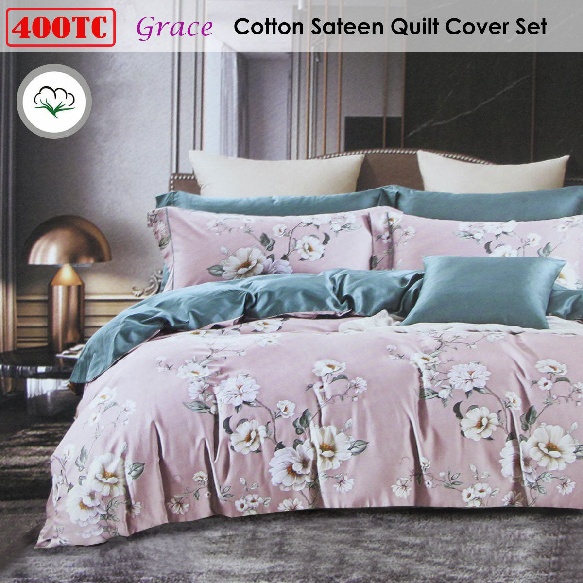 400TC Cotton Sateen Quilt Cover Set Grace King - Image 2