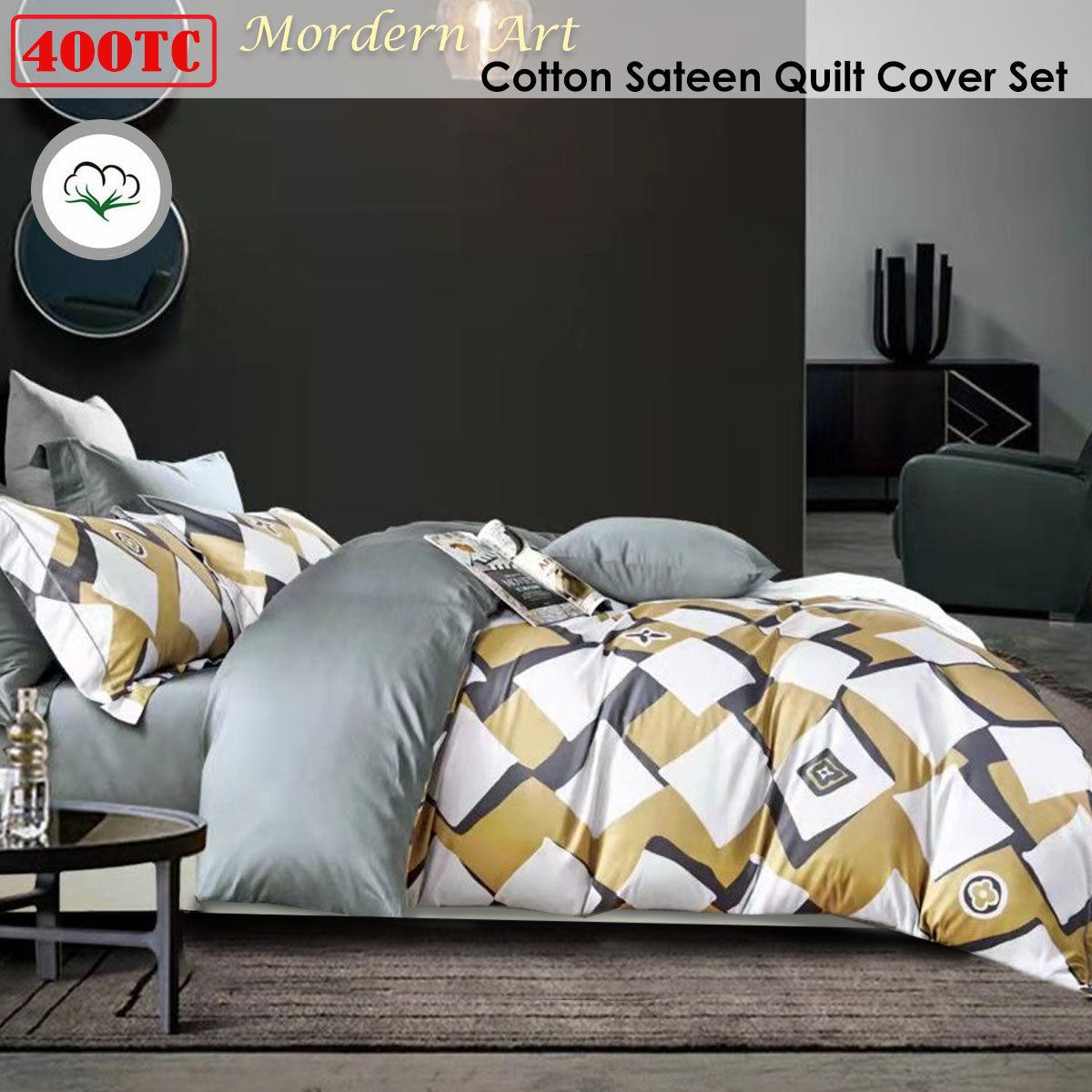 400TC Cotton Sateen Quilt Cover Set Modern Art King - Image 2
