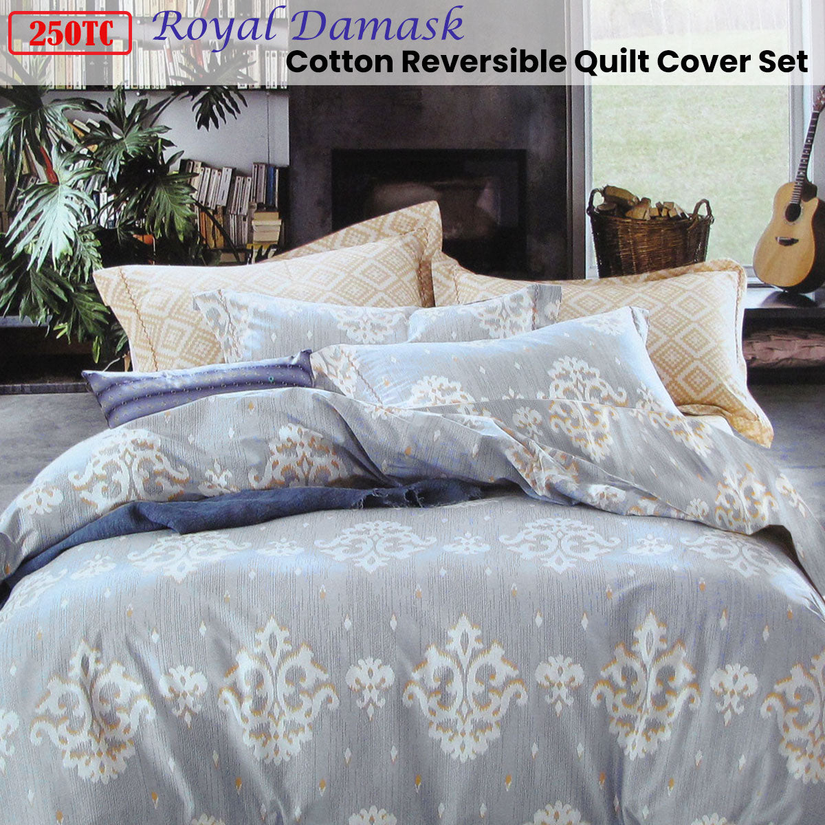 250TC Royal Damask Cotton Quilt Cover Set Queen - Image 2