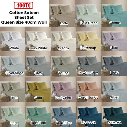 400TC 100% Cotton Sateen Premium Sheet Set 40cm Wall Grey Queen - Image 2