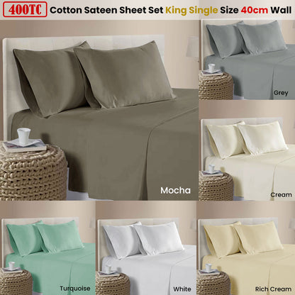 400TC 100% Cotton Sateen Premium Sheet Set 40cm Wall Mocha King Single - Image 2