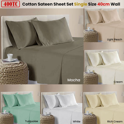 400TC 100% Cotton Sateen Premium Sheet Set 40cm Wall Mocha Single - Image 2