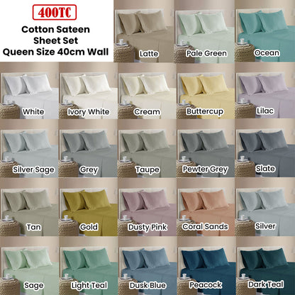 400TC 100% Cotton Sateen Premium Sheet Set 40cm Wall White Queen - Image 2