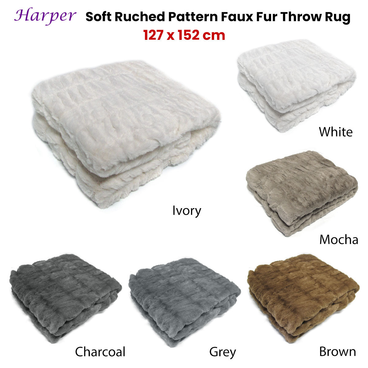 Harper Soft Ruched Pattern Faux Fur Throw Rug 127 x 152 cm Ivory - Image 2