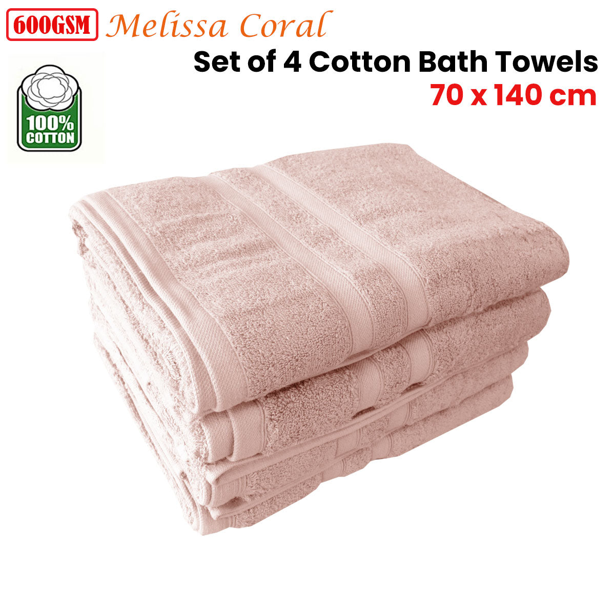 600GSM Set of 4 Melissa 100% Cotton Bath Towels Coral 70 x 140 cm - Image 2