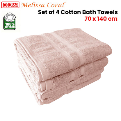 600GSM Set of 4 Melissa 100% Cotton Bath Towels Coral 70 x 140 cm - Image 2