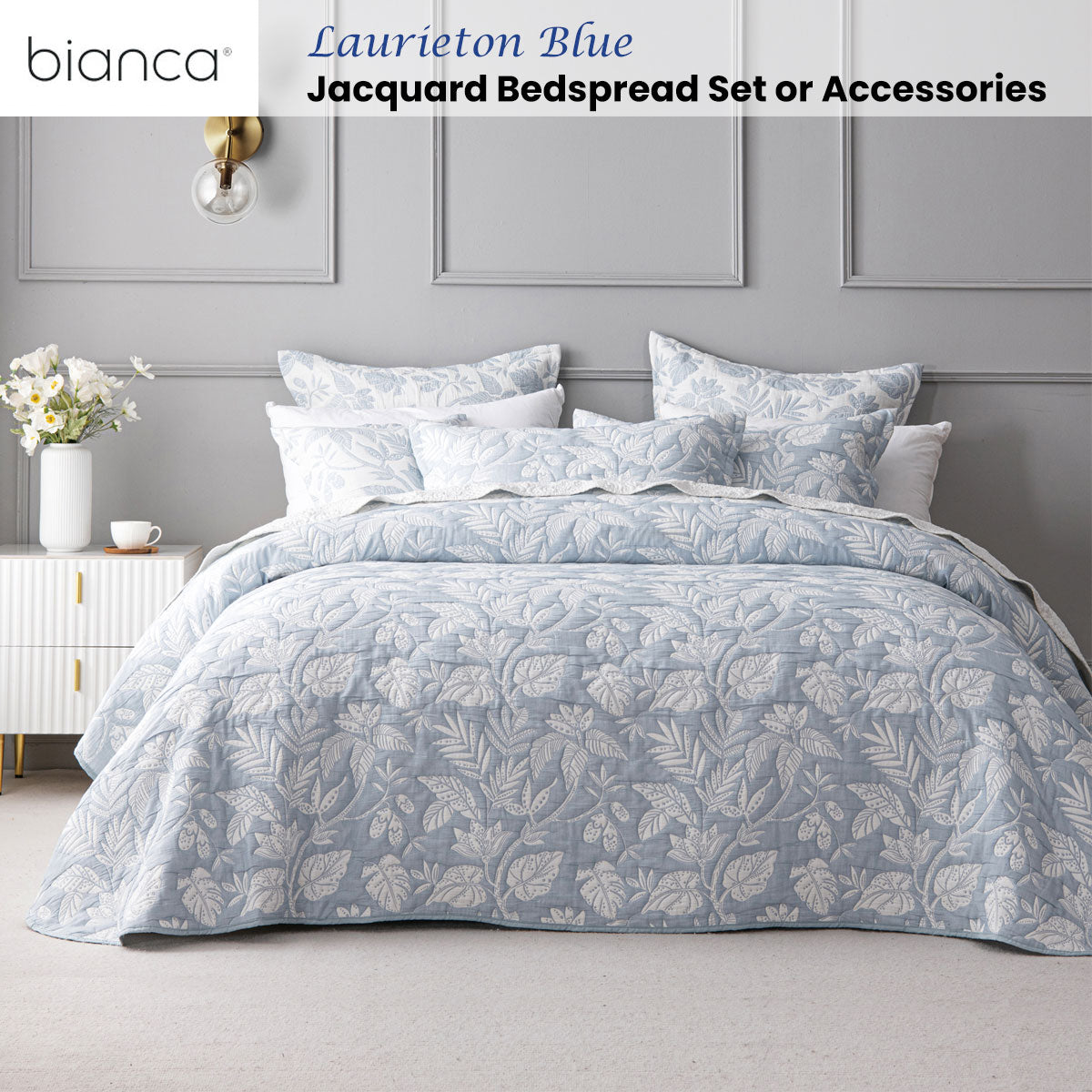 Bianca Laurieton Blue Jacquard Botanical Bedspread Set Queen - Image 2