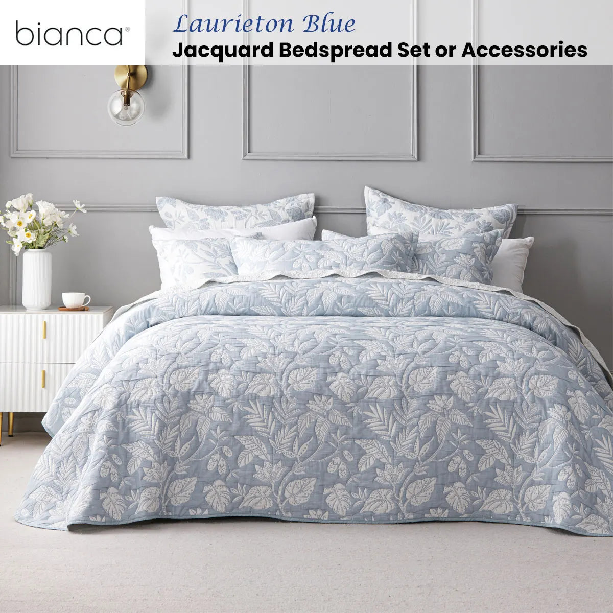 Bianca Laurieton Blue Jacquard Botanical Bedspread Set Super King - Image 2