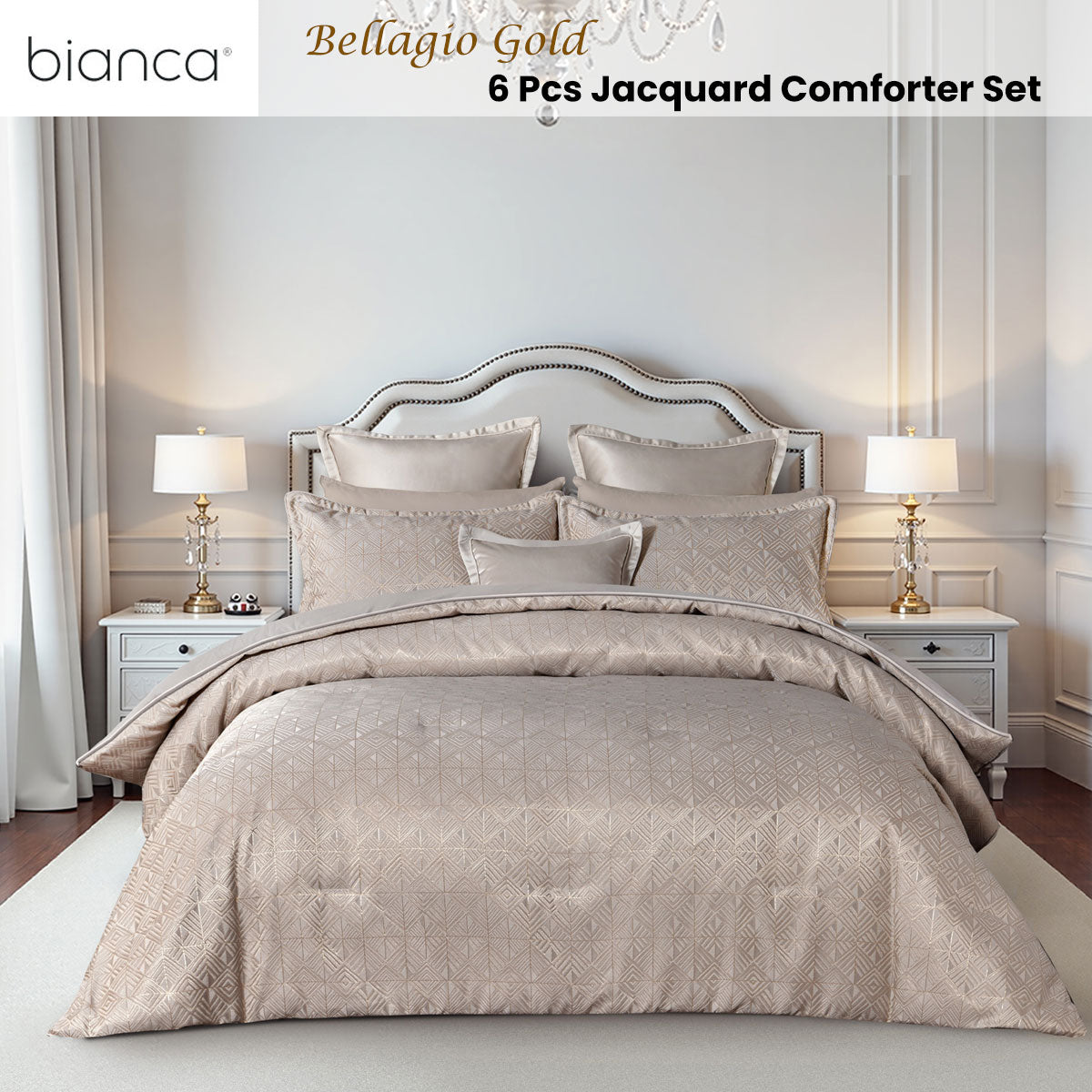 Bianca Bellagio Gold 6 Pcs Jacquard Geometric Comforter Set Super King - Image 2