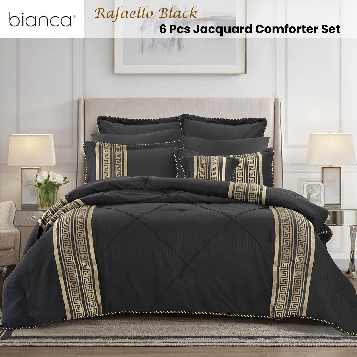 Bianca Raffaello Black 6 Pcs Jacquard Comforter Set Queen/King - Image 2