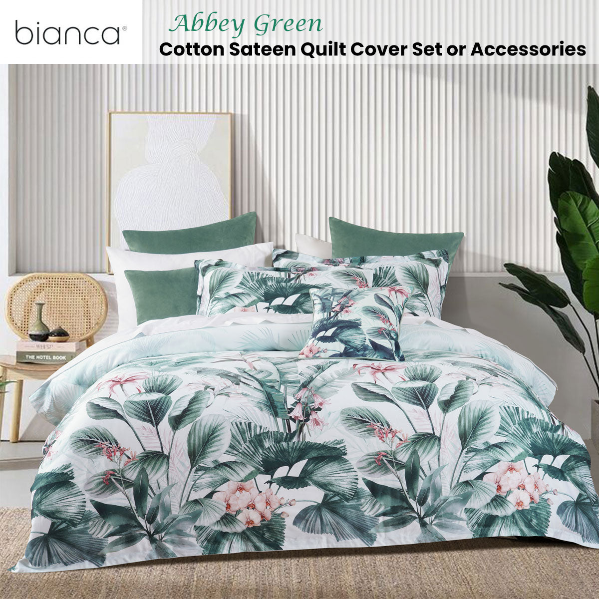 Bianca Abbey Green Cotton Sateen Tropical Floral Quilt Cover Set Queen - Image 2