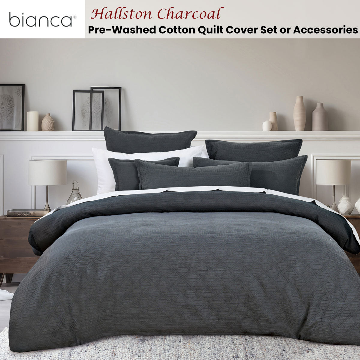 Bianca Hallston Charcoal Pre-Washed Cotton Quilt Cover Set Super King - Image 2