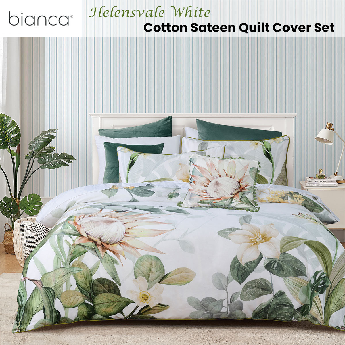 Bianca Helensvale White Floral Cotton Sateen Quilt Cover Set Queen - Image 2