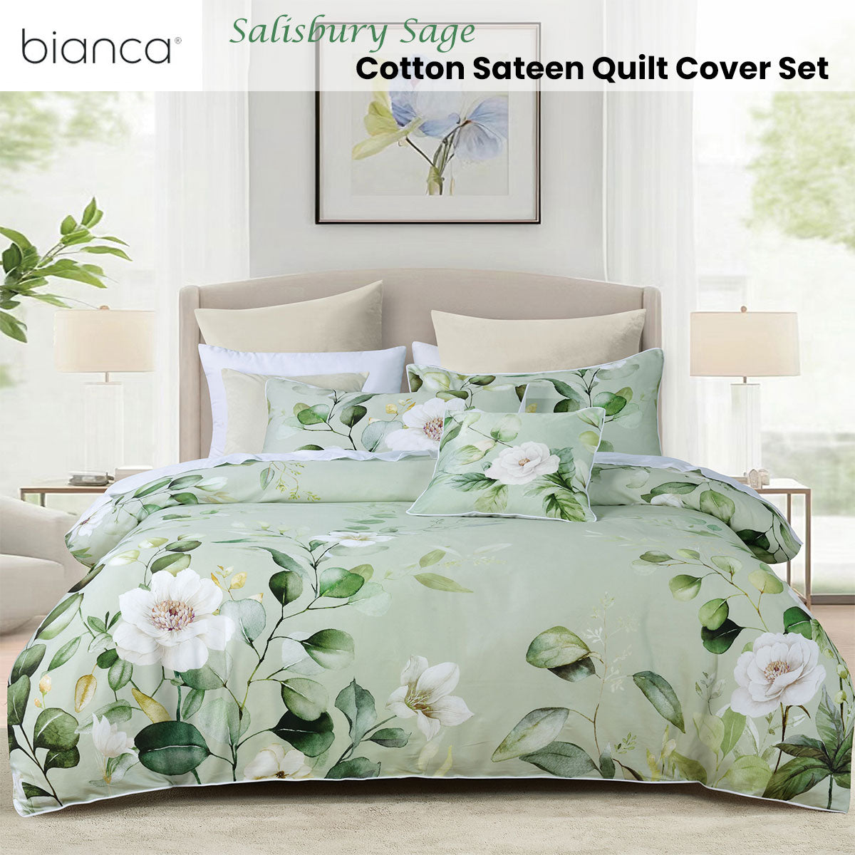 Bianca Salisbury Sage Floral Cotton Sateen Quilt Cover Set Super King - Image 2