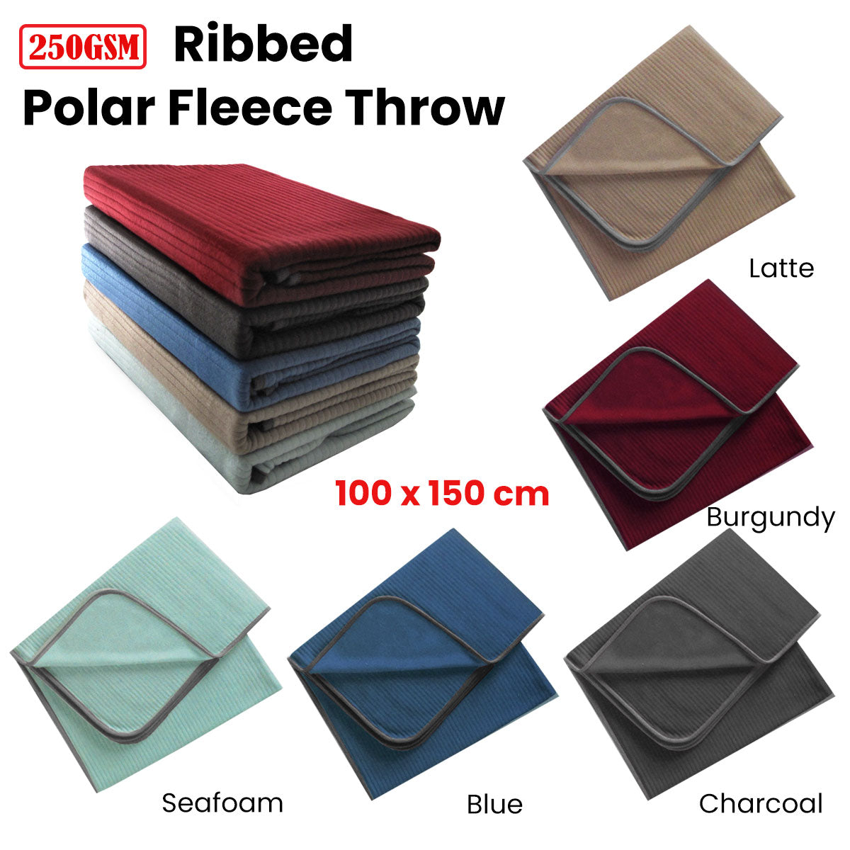 250GSM Ribbed Polar Fleece Throw 100 x 150cm Charcoal - Image 2