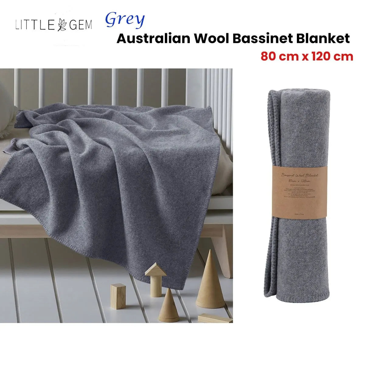 Little Gem Grey Australian Wool Bassinet Blanket 80 x 120 cm - Image 2