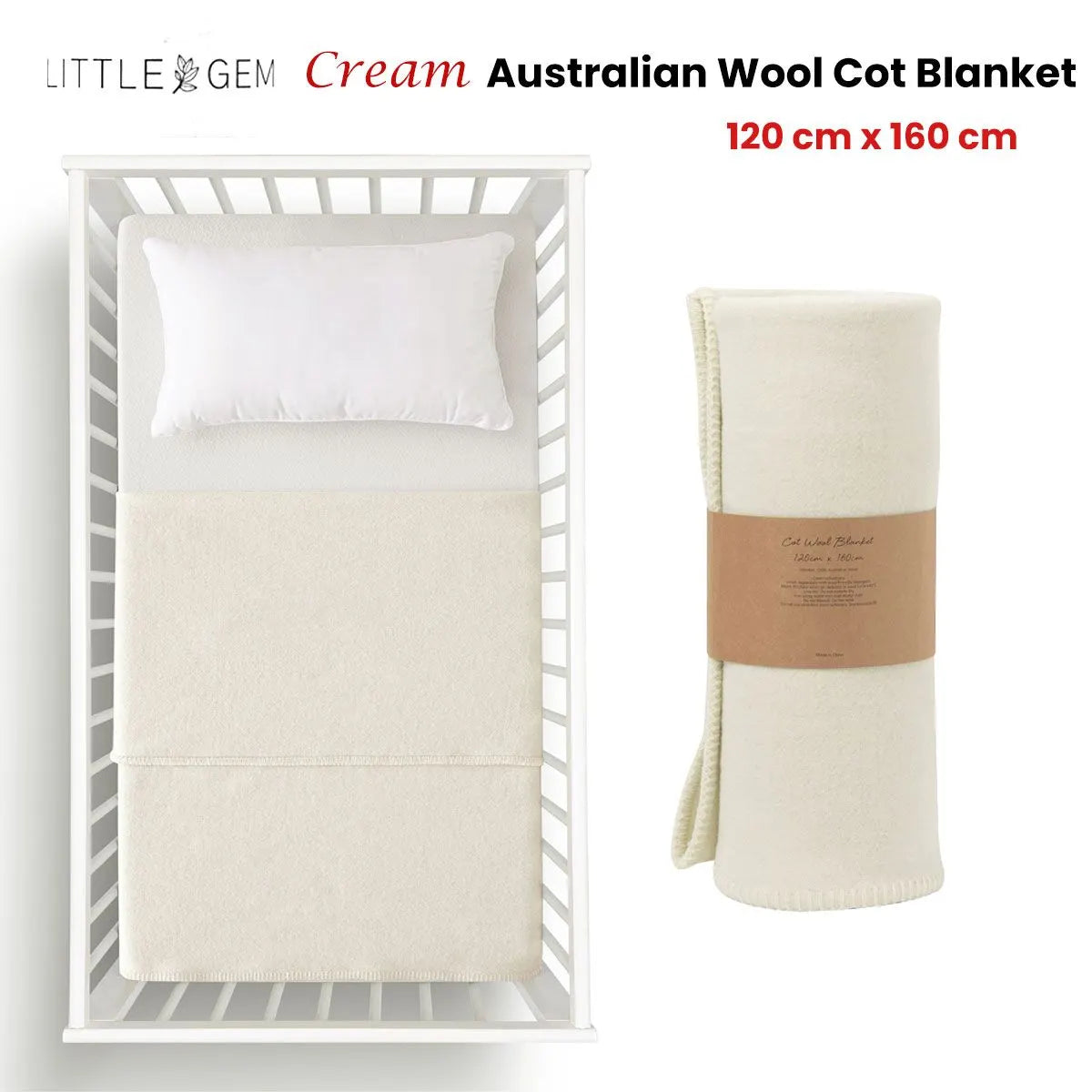 Little Gem Cream Australian Wool Cot Blanket 120 x 160 cm - Image 2