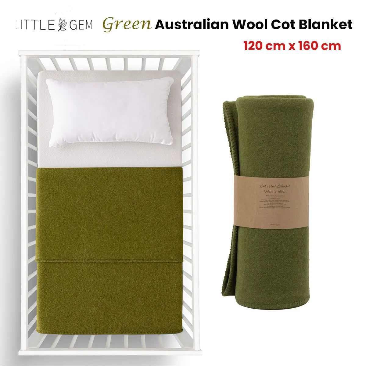 Little Gem Green Australian Wool Cot Blanket 120 x 160 cm - Image 2