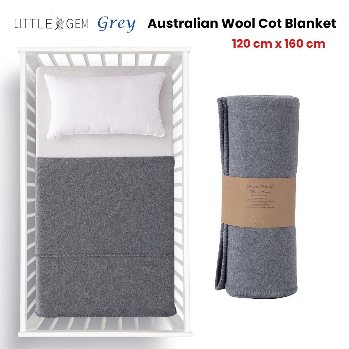 Little Gem Grey Australian Wool Cot Blanket 120 x 160 cm - Image 2