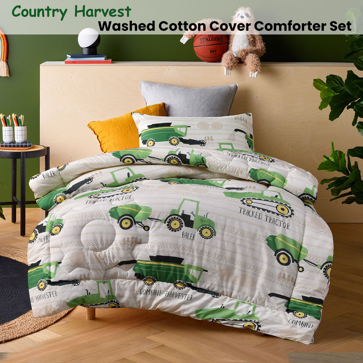 Happy Kids Country Harvest 2 Piece Washed Cotton Cover Comforter Set Single 160cm x 220cm - Image 2