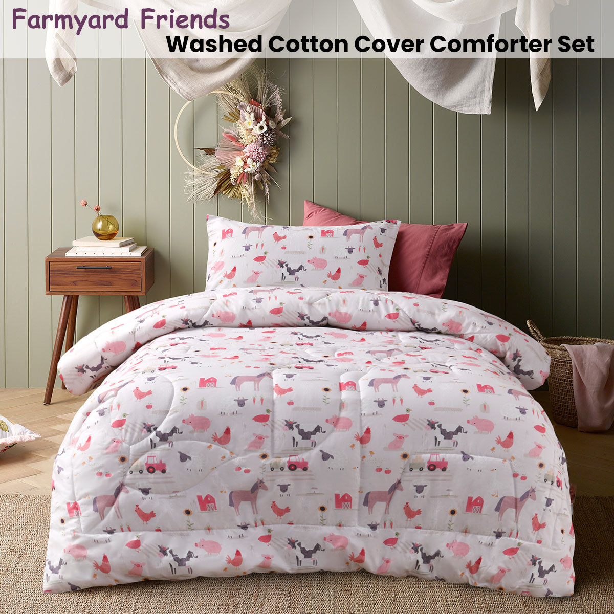 Happy Kids Farmyard Friends 2 Piece Washed Cotton Cover Comforter Set Single 160cm x 220cm - Image 2
