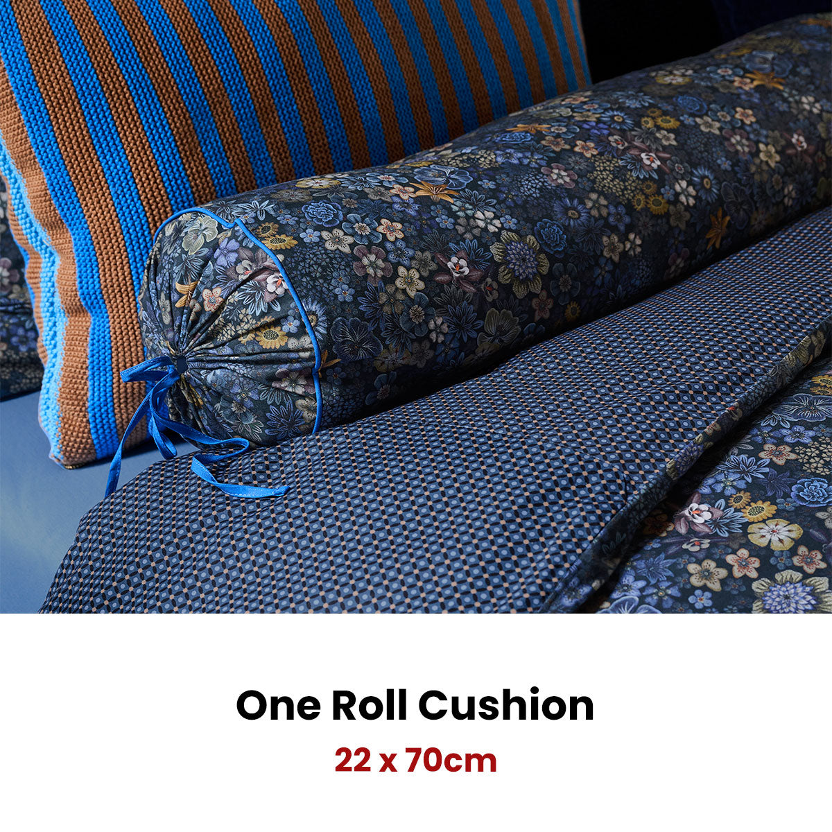 PIP Studio Tutti i Fiori Dark Blue Cotton Cover Roll Cushion 22cm x 70cm - Image 2