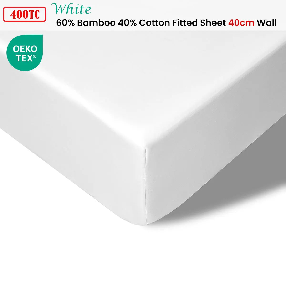 Accessorize 400TC White Bamboo Cotton Fitted Sheet 40cm Wall Queen - Image 2
