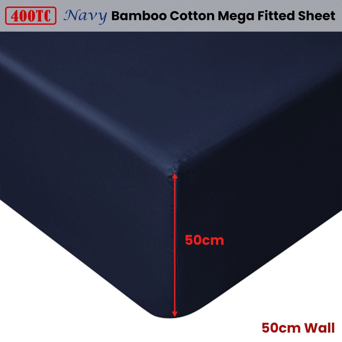 Accessorize Navy Bamboo Cotton Mega Fitted Sheet 50cm Wall Super King - Image 2