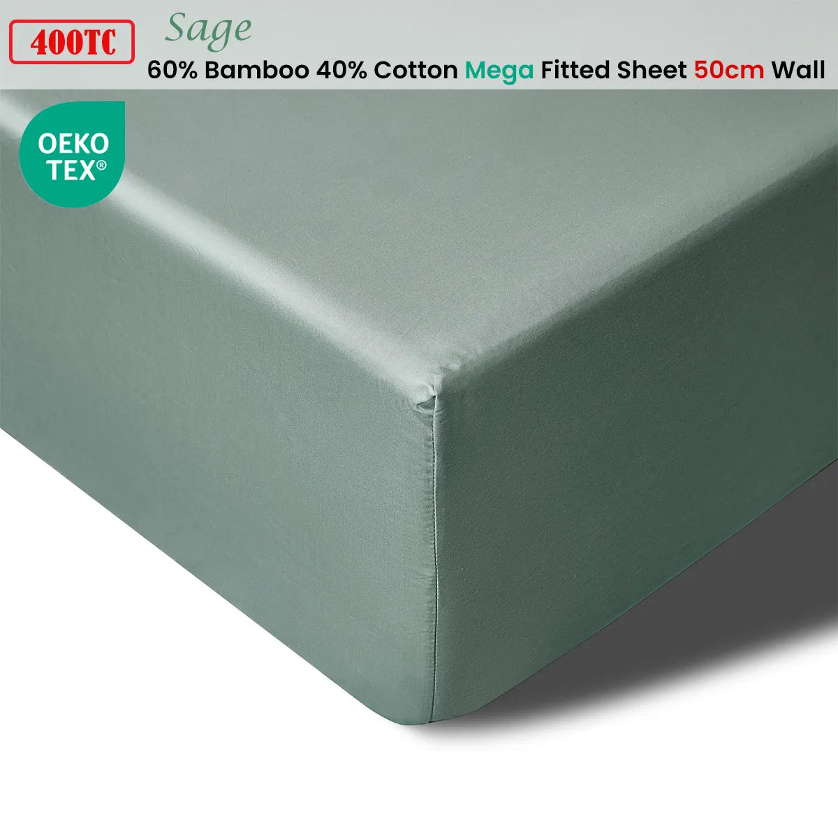 Accessorize 400TC Sage Bamboo Cotton Mega / Super Fitted Sheet 50cm Wall Queen - Image 2