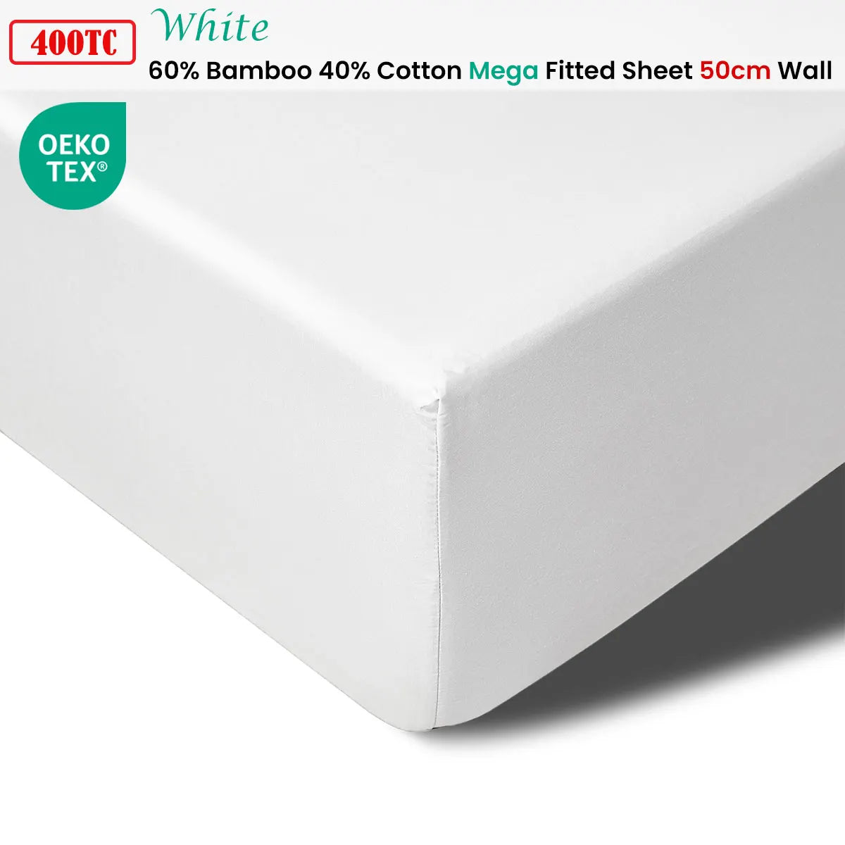 Accessorize 400TC White Bamboo Cotton Mega / Super Fitted Sheet 50cm Wall Queen - Image 2