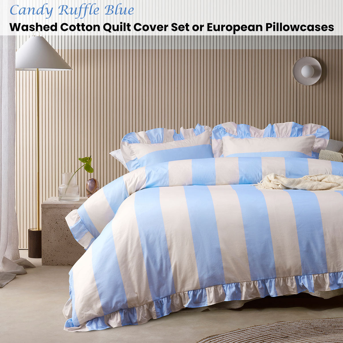 Vintage Design Homewares Candy Ruffle Blue Striped Washed Cotton Quilt Cover Set Queen - Image 2