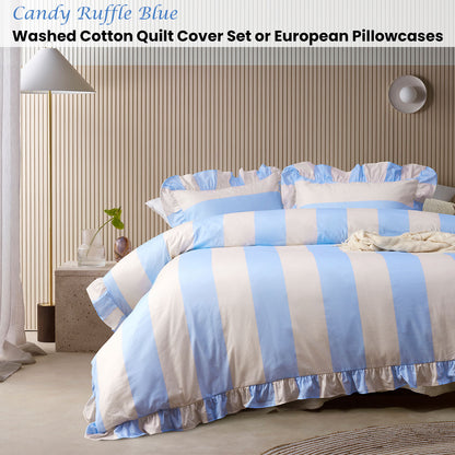 Vintage Design Homewares Candy Ruffle Blue Striped Washed Cotton Quilt Cover Set Super King - Image 2