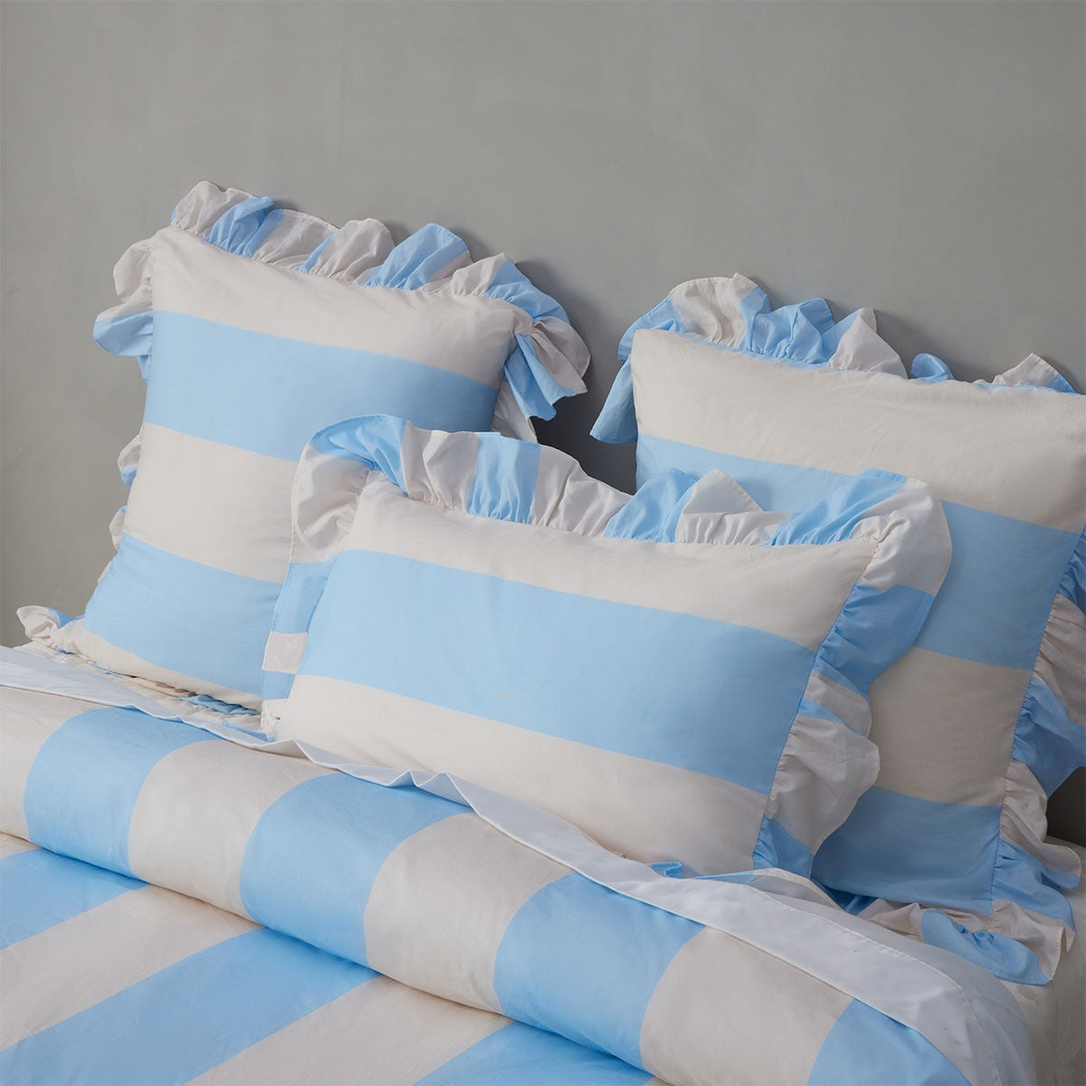 Vintage Design Homewares Candy Ruffle Blue Striped Washed Cotton Quilt Cover Set Super King - Image 3