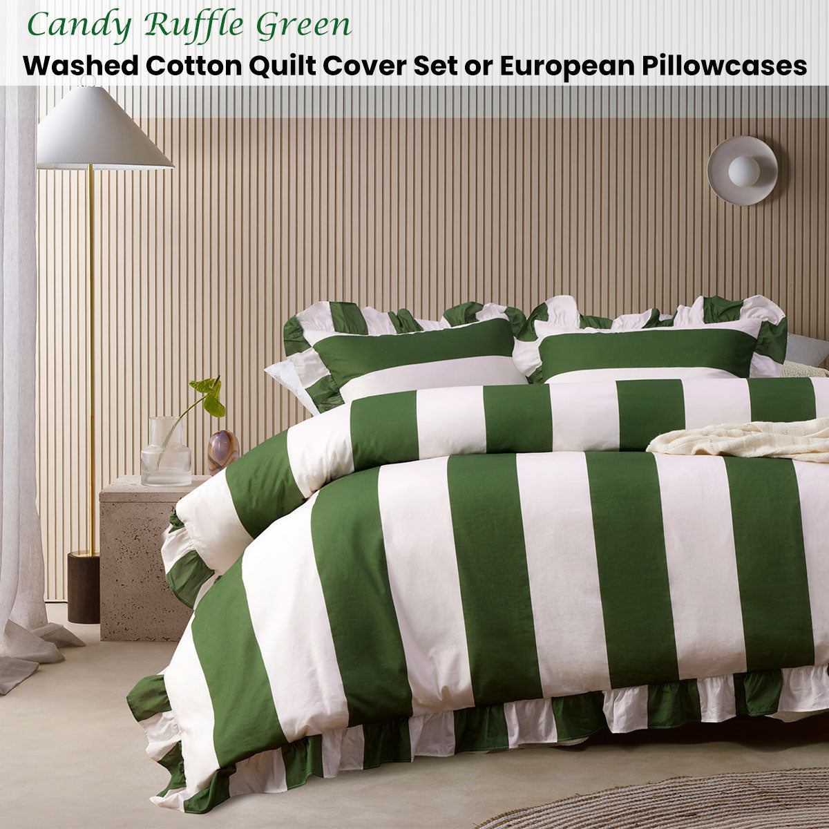Vintage Design Homewares Candy Ruffle Green Striped Washed Cotton Quilt Cover Set King - Image 2