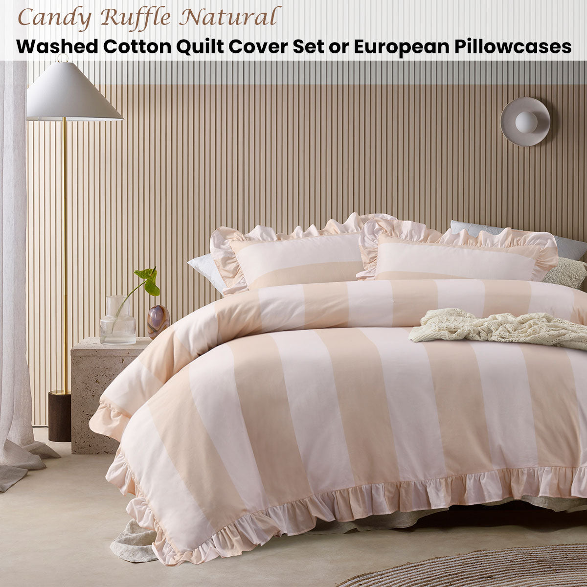 Vintage Design Homewares Candy Ruffle Natural Striped Washed Cotton Quilt Cover SetKing - Image 2