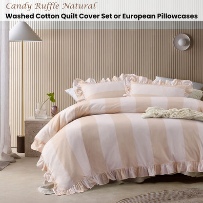 Vintage Design Homewares Candy Ruffle Natural Striped Washed Cotton Quilt Cover SetKing - Image 2
