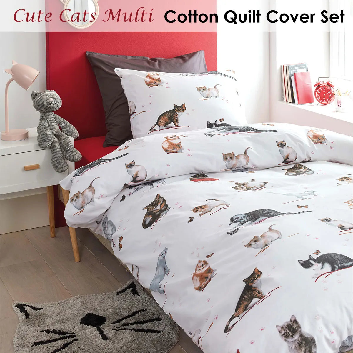 Bedding House Cute Cats Cotton Quilt Cover Set Single - Image 2