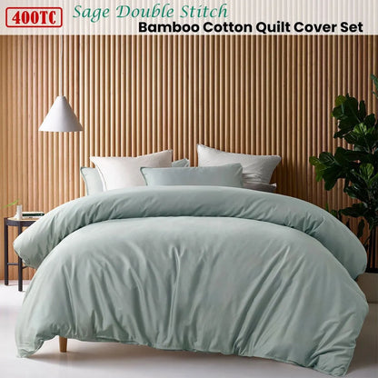 Accessorize 400TC Sage Bamboo Cotton Double Stitch Quilt Cover Set Queen - Image 2
