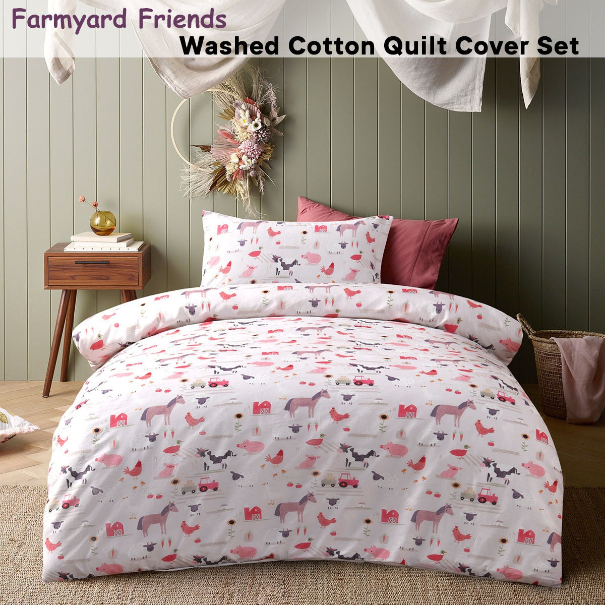Happy Kids Farmyard Friends Washed Quilt Cover Set Single - Image 2