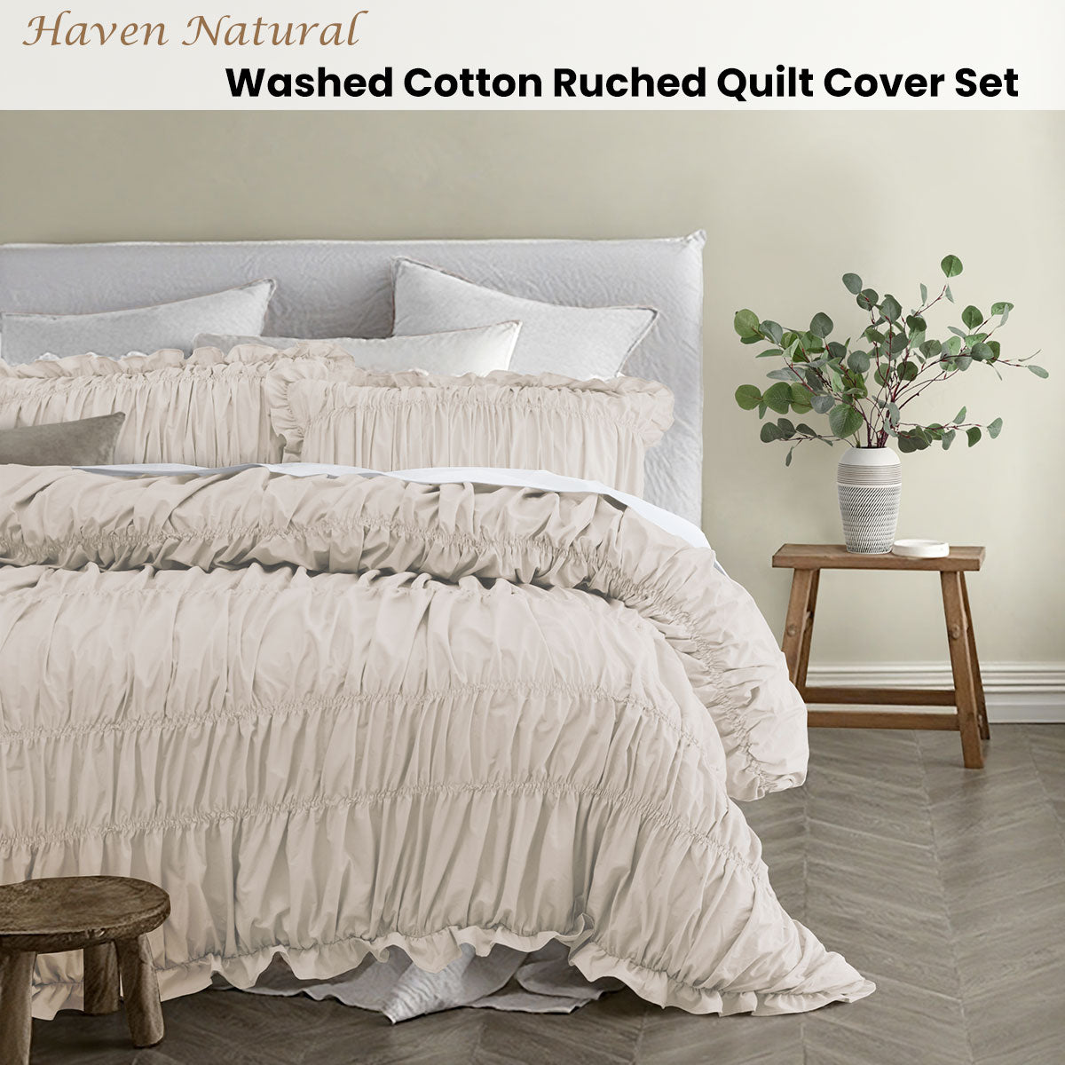 Vintage Design Homewares Haven Natural Washed Cotton Ruched Quilt Cover Set Single - Image 2
