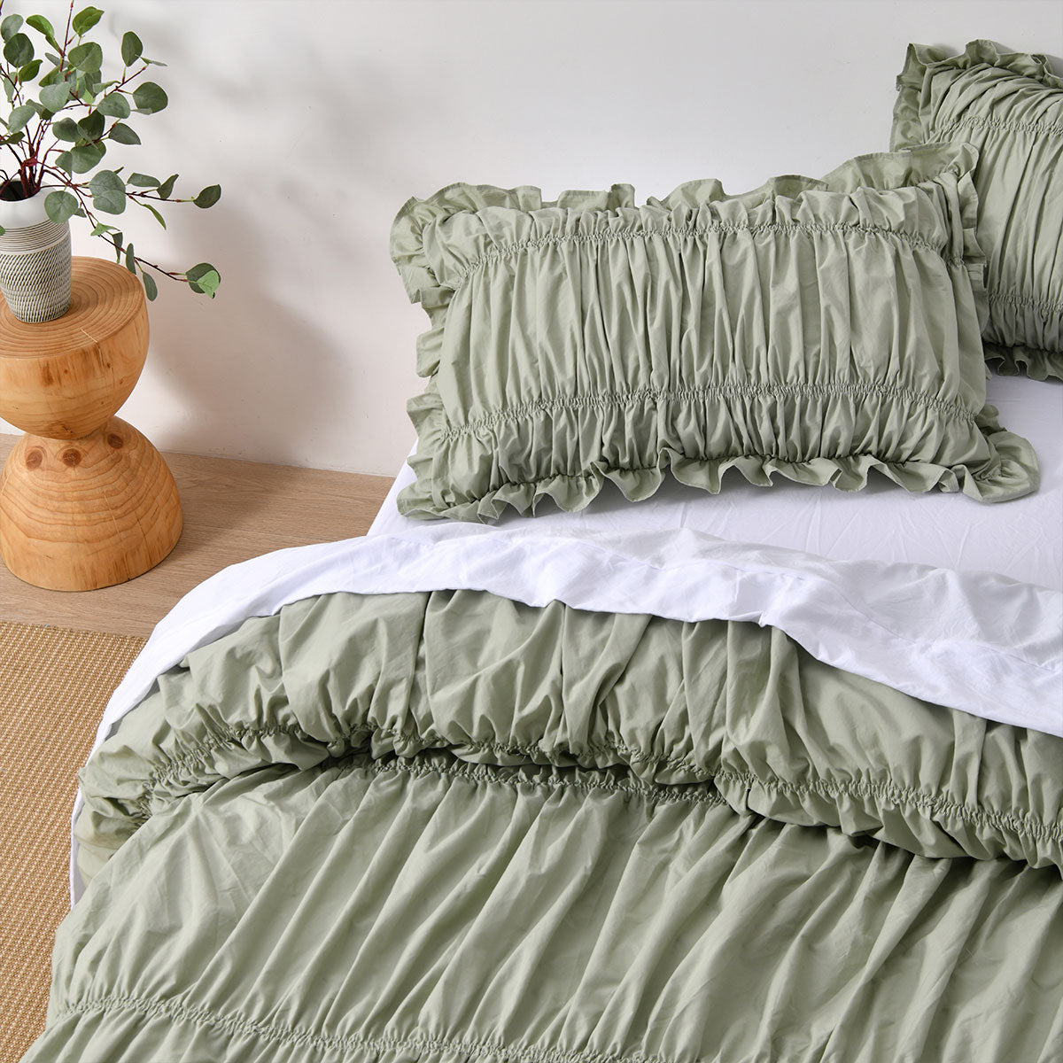 Vintage Design Homewares Haven Sage Washed Cotton Ruched Quilt Cover Set King - Image 3