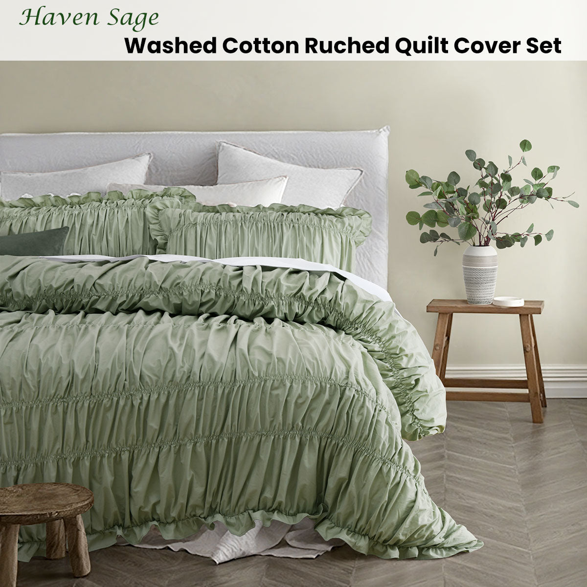 Vintage Design Homewares Haven Sage Washed Cotton Ruched Quilt Cover Set Queen - Image 2