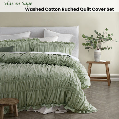Vintage Design Homewares Haven Sage Washed Cotton Ruched Quilt Cover Set Queen - Image 2